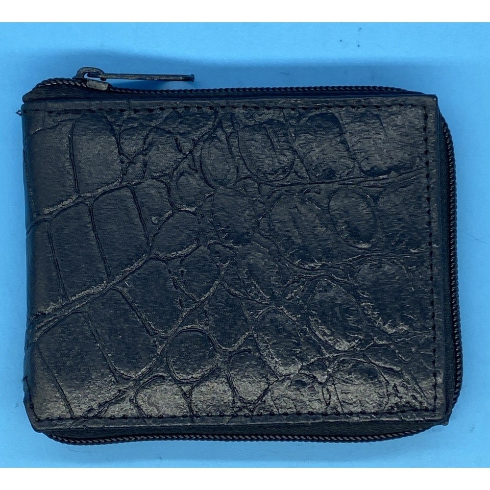 Black Alligator Skin Print Leather Men's Bifold Zippered Wallet